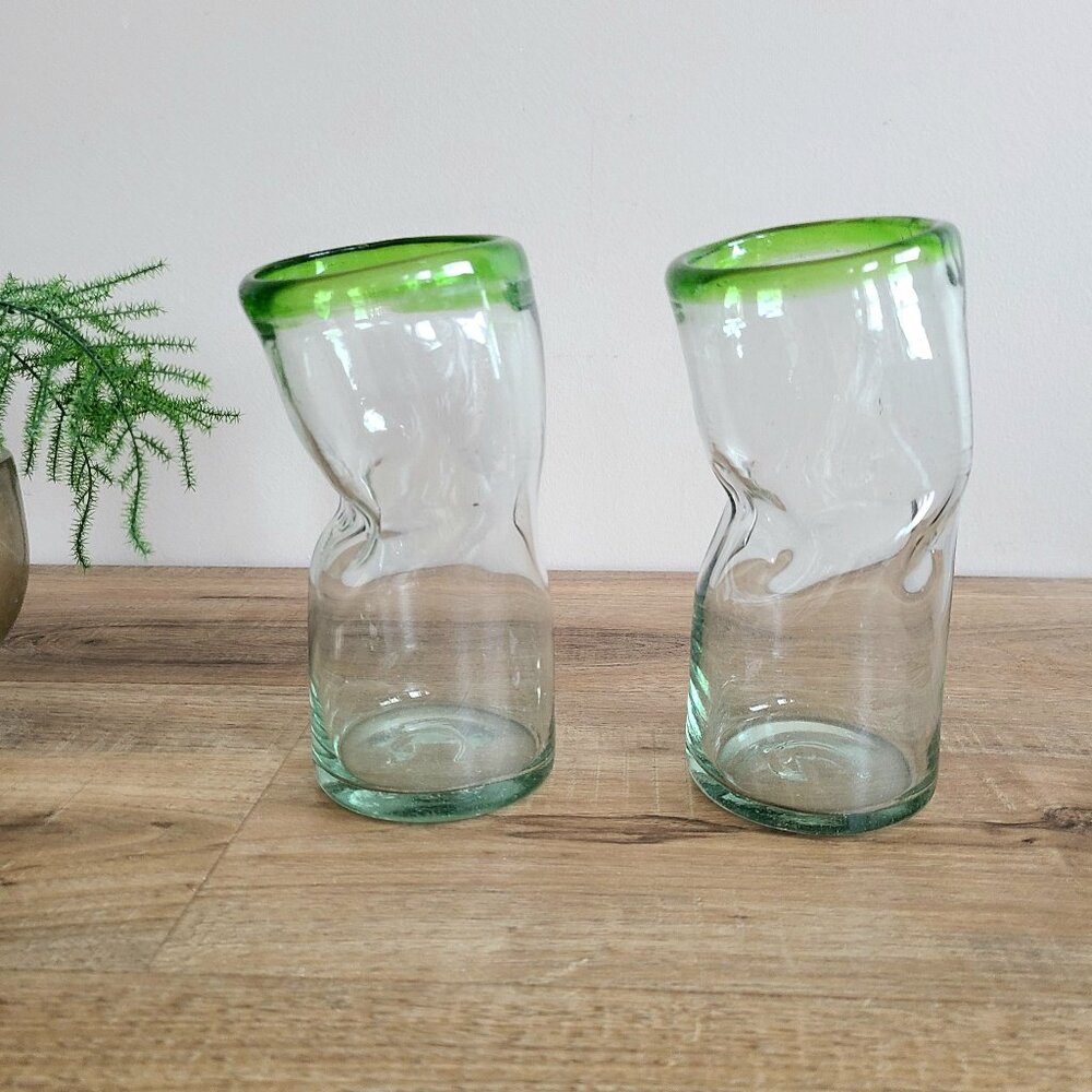 2 Vintage Mexican Hand-blown Art Glass Bent Vases Or Tall Clear Drinking Glasses